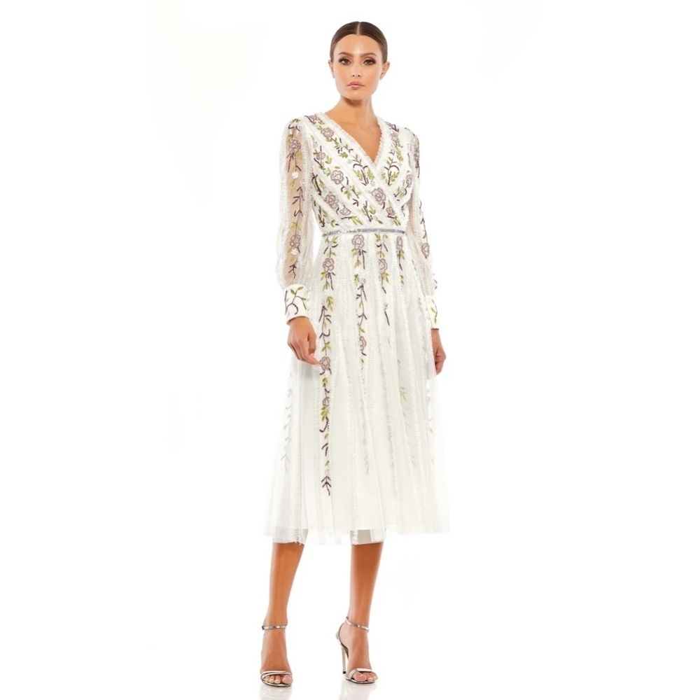 Mac Duggal 9133 NWT LONG SLEEVE EMBROIDERED WRAP MIDI DRESS